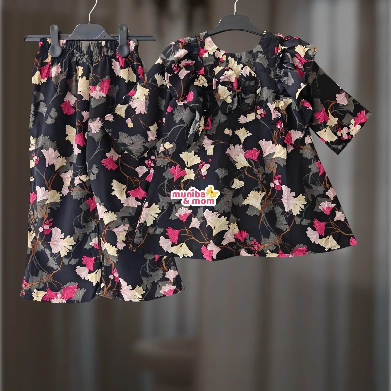 Black Floral Soft Mimosa Georgette Top-set 2-14y (M5T2)