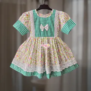  Green White Check Premium Cotton Frock CC98T1