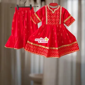 Red Kurti and Sarara Set Aarong Cotton AC10T2