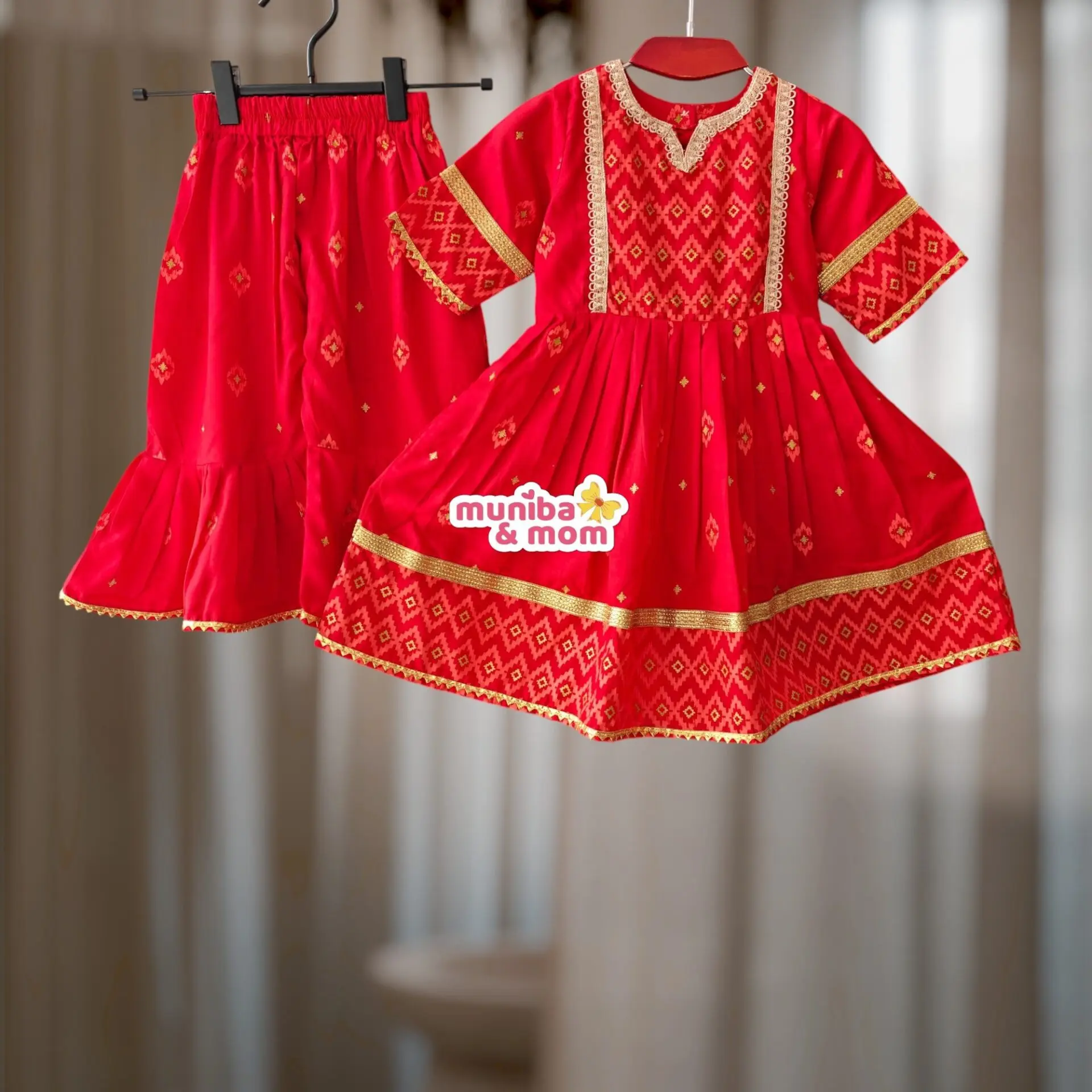 Red Kurti and Sarara Set Aarong Cotton AC10T2