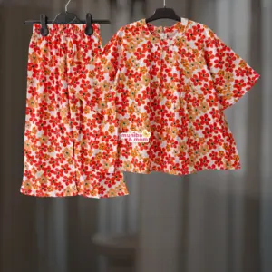 Orange Floral Linen Top-Set M6T6