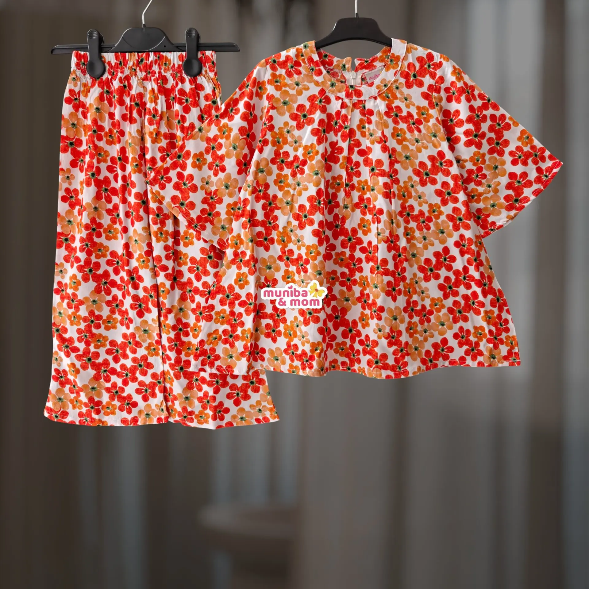 Orange Floral Linen Top-Set M6T6
