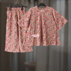 Peach flower Linen Top-Set M6T7