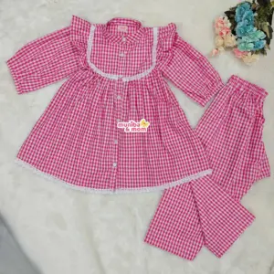 Pink Check Premium Cotton Frock-Pant set CC118T1